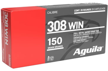 Image of Aguila Ammunition 308 Win 150 Grain Full Metal Jacket Boat Tail, Brass Case, Ammo, 20 Rounds, 1E308110
