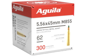 Image of Aguila Ammunition 5.56x45mm NATO 62 Grain Green Tipped Full Metal Jacket Brass Cased Centerfire Rifle Ammo, 300 Rounds, 1E556125