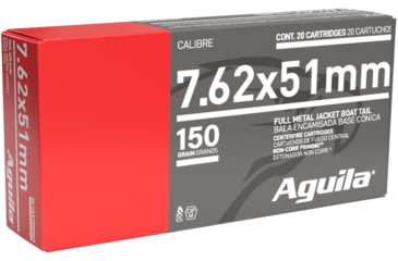 Image of Aguila Ammunition 7.62/308 150 Grain Full Metal Jacket Boat Tail, Brass Case, Rifle Ammo, 20 Rounds, 1E762110