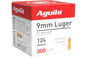 Image of Aguila Ammunition 9mm Luger 124 Grain Full Metal Jacket, Brass Case, Pistol Ammo, 1115 ft/s, 300 Rounds, 1E092108