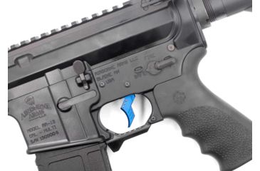 Image of Airborne Arms Geronimo Trigger System, Extended Reach Talon, AR-9/ AR-10/ AR-15, 3-4 lb Pull Weights, Ambidextrous, Curved, Blue, Extended, ABN-AAGT-CMU1