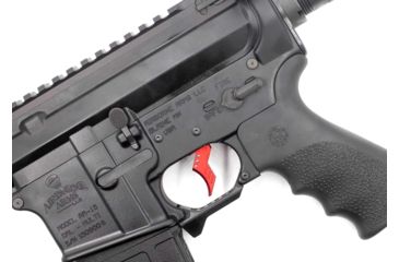 Image of Airborne Arms Geronimo Trigger System, Extended Reach Talon, AR-9/ AR-10/ AR-15, 3-4 lb Pull Weights, Ambidextrous, Curved, Red, Extended, ABN-AAGT-CMR1