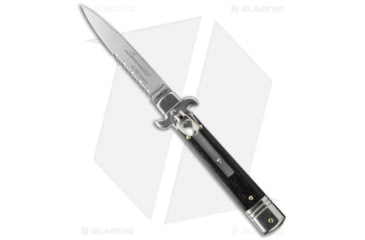 Image of AKC Leverletto 7.5 Italian Automatic Folding Knife, 3.25in, Stainless Steel, Spear Point Blade, Wood, Black Handle, Satin Serr, Black/Steel, 7.75 inch, BHQ-50870