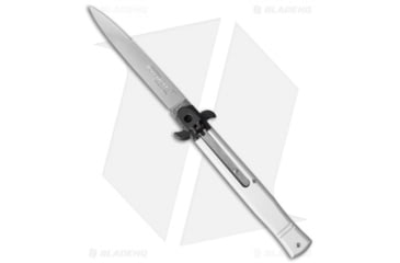 Image of AKC Leverletto 9 Italian Automatic Folding Knife, 4.00in, Stainless Steel, Bayonet Blade, Aluminum, Silver Handle, Flat, Silver/Gray, 9.00 inch, BHQ-50857