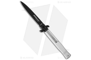 Image of AKC Leverletto 9 Italian Automatic Folding Knife, 4.00in, Stainless Steel, Bayonet Blade, Aluminum, Silver Handle, Flat, Silver/Black, 9.00 inch, BHQ-50880