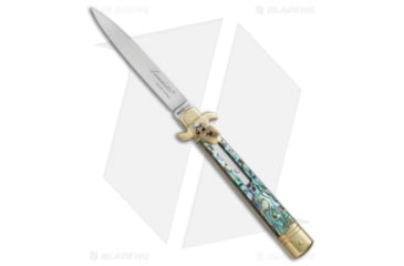 Image of AKC Leverletto 9 Italian Automatic Folding Knife, 4.00in, Stainless Steel, Spear Point Blade, Abalone, Spectrum Handle, Brass/Abalone, Spectrum/Steel, 9.00 inch, BHQ-50901