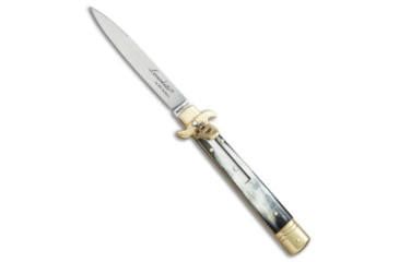 Image of AKC Leverletto 9 Italian Automatic Folding Knife, 4.00in, Stainless Steel, Spear Point Blade, Brazilian Horn, Black/White Handle, Brass/Brazilian, Black/White/Steel, 9.00 inch, BHQ-50881