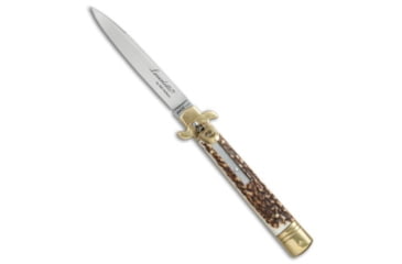 Image of AKC Leverletto 9 Italian Automatic Folding Knife, 4.00in, Stainless Steel, Spear Point Blade, Stag, Brown/White Handle, Brass/Stag, Brown/White/Steel, 9.00 inch, BHQ-50867