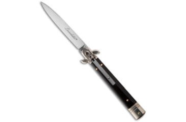 Image of AKC Leverletto 9 Italian Automatic Folding Knife, 4.00in, Stainless Steel, Spear Point Blade, Dark Horn, Black Handle, Satin Flat, Black/Steel, 9.00 inch, BHQ-50876