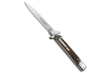 Image of AKC Leverletto 9 Italian Automatic Folding Knife, 4.00in, Stainless Steel, Spear Point Blade, Stag, Brown Handle, Satin Flat, Brown/Steel, 9.00 inch, BHQ-50866