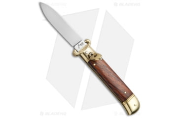 Image of AKC Shot Puller 8 Italian Automatic Folding Knife, 3.125in, Stainless Steel, Dagger Blade, Cocobolo, Brown Handle, w/ Brass, Brown/Steel, 7.875 inch, BHQ-68893