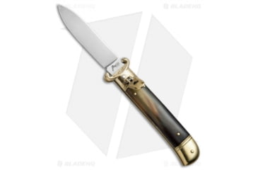 Image of AKC Shot Puller 8 Italian Automatic Folding Knife, 3.125in, Stainless Steel, Spear Point Blade, Horn, Black Handle, Black/Steel, 7.875 inch, BHQ-68907