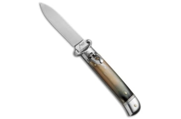 Image of AKC Shot Puller 8 Italian Automatic Folding Knife, 3.125in, Stainless Steel, Dagger Blade, Horn, Brown Handle, Brazilian, Brown/Steel, 7.875 inch, BHQ-68903