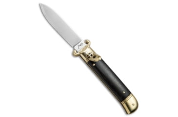 Image of AKC Shot Puller 8 Italian Automatic Folding Knife, 3.125in, Stainless Steel, Dagger Blade, Ebony, Black Handle, w/ Brass, Black/Steel, 7.875 inch, BHQ-68906