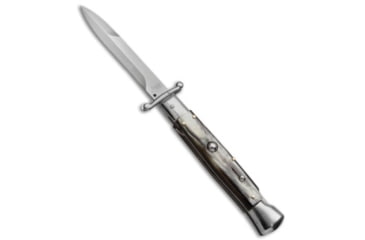 Image of AKC Swinguard 9 Italian Stiletto Automatic Folding Knife, 3.875in, Stainless Steel, Bayonet Blade, Horn, Black/Tan Handle, Black/Tan/Steel, 9.00 inch, BHQ-50905
