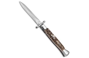 Image of AKC Swinguard 9 Italian Stiletto Automatic Folding Knife, 4.00in, Stainless Steel, Dagger Blade, Stag, Brown Handle, Stag Horn, Brown/Steel, 9.00 inch, BHQ-50885