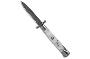 Image of AKC Swinguard 9 Italian Stiletto Automatic Folding Knife, 4.00in, Stainless Steel, Bayonet Blade, Acrylic, White Handle, White Pearlex, White/Black, 8.95 inch, BHQ-180890