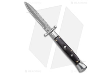 Image of AKC World Swinguard 9 Italian Stiletto Automatic Folding Knife, 3.875in, Damascus, Bayonet Blade, Wood, Black Handle, Black/Black, 9.00 inch, BHQ-139709