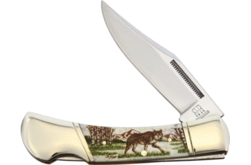 Image of Alaska Scrimshaw Connection Wolf Lockback Folding Knife, 2.75 mirror finish stainless clip point blade, Natural smooth bone handle, WFB
