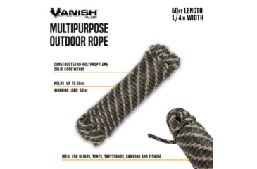 Image of Allen Vanish Multipurpose Polypropelene Outdoor Rope w/ Solid Core Weave, 50-Foot 1/4in, 60-600-Pounds Load, Camo, 5909