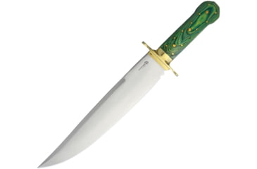 Image of American Hunter Bowie Fixed Blade Knife, 16in Overall, 10.75in Satin SS Clip Point Blade, Green Pakkawood Handle, Brass Guard And Pommel, Brown Leather Belt Sheath, Green, AH012 / 1015
