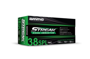 Image of Ammo, Inc. Green Streak 38 SPL 158 Grain TMC FMJ w/Streak Brass Cased Pistol Ammo, 50 Round, 38158TMC-STRK-GRN-50