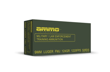 Image of Ammo, Inc. Military/Law Enforcement Training 9mm Luger 124 grain Full Metal Jacket Brass Cased Pistol Ammo, 50 Rounds, 9124FMJ-MLE50