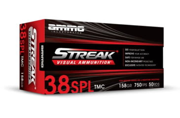 Image of Ammo, Inc. STREAK .38 Special 158 grain Total Metal Coating Brass Cased Centerfire Pistol Ammo, 50 Rounds, 38158TMC-STRK-RED-50
