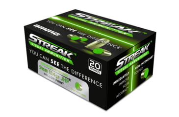 Image of Ammo, Inc. Streak 9 mm 124 Grain JHP w/ Streak Brass Cased Pistol Ammo, 20 Round, 9124JHP-STRK-GRN