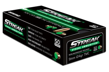 Image of Ammo, Inc. Streak 9mm Luger 124 Grain Tracer-Like Full Metal Jacket Brass Cased Green Pistol Ammo, 50 Rounds, 9124TMC-STRK-GRN-50