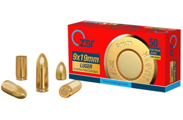 Image of Ammo, Inc. 9mm Luger 124 Grain Full Metal Jacket Brass Cased Pistol Ammo, 50 Rounds, ZSR9MM124