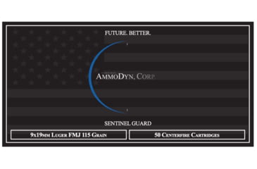 Image of AmmoDyn 9mm Luger 115 grain Full Metal Jacket Brass Cased Pistol Ammo, 50 Rounds