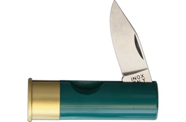 Image of Antonini Shotgun Shell Folding Knife, 2.63in Closed, 1.75in Satin SS Blade, Green Plastic Handle, Shotgun Shell Shaped Handle, 1301/V-S