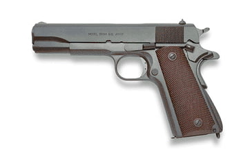 Image of Auto Ordnance 1911A1-WWII-Parkerized Pistol, .45 ACP, 5in barrel, matte black finish steel frame, brown checkered plastic grip, recoil operated semi-automatic, blade front, drift adjustable rear, 7 round magazine, AO1911A1WW2PD4551FRRMPG