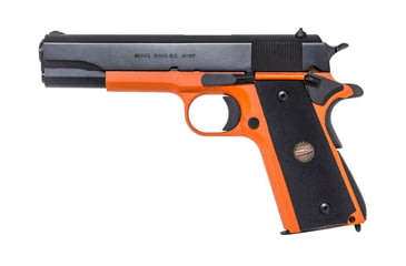 Image of Auto Ordnance 1911A1-Hunter-Orange Pistol, .45 ACP, 5in barrel, orange Cerakote steel frame, checkered rubber w/medallion grip, recoil operated semi-automatic, fixed combat, 7 round magazine, AO-1911A1 HO-45-5-1-FRRMPG