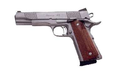 Image of Rock Island Armory 1911-A1-FS-Stainless Pistol, .45 ACP, 5 in barrel, stainless steel frame, checkered walnut grip, recoil operated semi-automatic, single-action, grip safety, manual thumb safety, snag free, 8 round magazine, RIA-1911-A1-FS-ST-FRRMPG