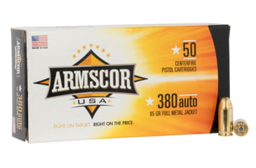 Image of Armscor Precision Inc USA .380 ACP 95 Grain Full Metal Jacket Brass Cased Pistol Ammo, 50 Rounds, FAC380-2N-50RD