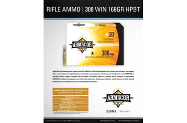 Image of Armscor Precision Inc USA .308 Winchester 168 Grain Hollow Point Boat Tail Brass Cased Rifle Ammo, 20 Rounds, FAC308-2N-20RD
