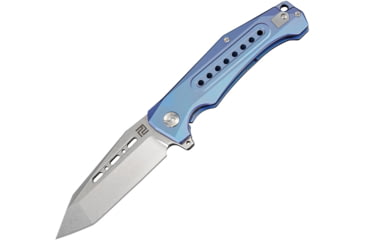 Image of Artisan Cutlery Jungle Framelock Folding Knife, Jungle Framelock, 5in Closed, 4in Stonewash S35Vn SS Tanto Blade, Blue Anodized Titanium Handle, Pocket Clip, Metal Gift Tin, Black Nylon Zippered Storage Case, 1705G-BUS