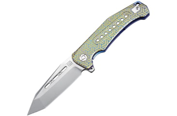 Image of Artisan Cutlery Jungle Framelock Folding Knife, Jungle Framelock, 5in Closed, 4in Stonewash S35Vn SS Tanto Blade, Blue/Gold Titanium Handle, Geometric Handle Pattern, Metal Gift Tin, Black Nylon Zippered Storage Case, 1705G-BU02