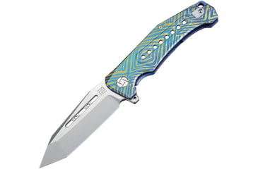 Image of Artisan Cutlery Jungle Framelock Folding Knife, Jungle Framelock, 5in Closed, 4in Stonewash S35Vn SS Tanto Blade, Blue/Gold Titanium Handle, Swirl Handle Pattern, Metal Gift Tin, Black Nylon Zippered Storage Case, 1705G-BU03