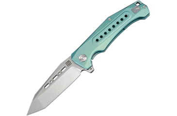 Image of Artisan Cutlery Jungle Framelock Folding Knife, Jungle Framelock, 5in Closed, 4in Stonewash S35Vn SS Tanto Blade, Green Anodized Titanium Handle, Pocket Clip, Metal Gift Tin, Black Nylon Zippered Storage Case, 1705G-GNS
