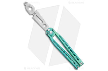 Image of Artisan Cutlery Kinetic-Tool Automatic Butterfly Knife, 4.00in, Stainless Steel, Spear Point Blade, Titanium Blue Handle, Steel/Blue, 9.625in, BHQ-112060