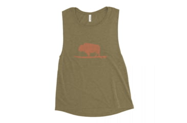 Image of Atoll Board Co Ladies Muscle Tank with Vintage Atoll Bison Graphic - Heather Olive, M - Heather Olive,M, 62C1E8CBC9B80Heather-Olive-M