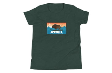 Image of Atoll Board Co Youth Short Sleeve T-Shirt with Atoll Sunset Bison Original Graphic - Heather Forest, M - Heather Forest,M, 630D3D29868CDHeather-Forest-M