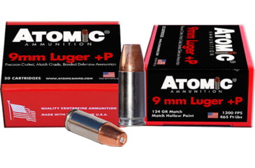 Image of Atomic Ammunition 9mm +P, 124 Grain, BJHP, Brass Cased, Centerfire Pistol Ammo, 20 Rounds, A4546