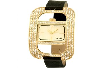 Image of Axcent Eccentric Watch, Black Strap, Gold Face, Gold Hands, Crystals X59988-736
