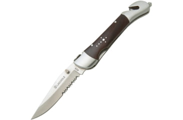 Image of Baladeo Laguiole Security Linerlock Folding Knife, 3.75in Satin Partially Serrated 420 SS Clip Point Blade, Lead Wood Handle, SS Bolster, Belt/Cord Cutter, Glass Breaker, Black Nylon Sheath, DUB201