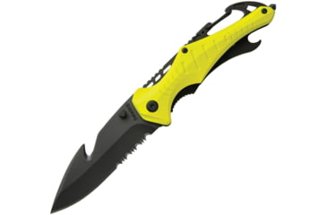 Image of Baladeo Security Knife Yellow Folding Knife, 3.5in Gray Titanium Coated Partially Serrated 420 SS Drop Point, Yellow Rubberized Aluminum Handle, Attachment Clip Bottle Opener, ECO201