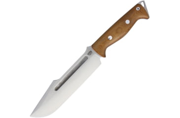 Image of Bark River Bravo Tope Recon Fixed Blade Knife, 13in Overall, 7.5in Satin Cpm-3V Carbon Steel Blade, Natural Canvas Micarta Handle, Glass Breaker, Harpoon Style Blade, Brown Leather, 10-221MNC